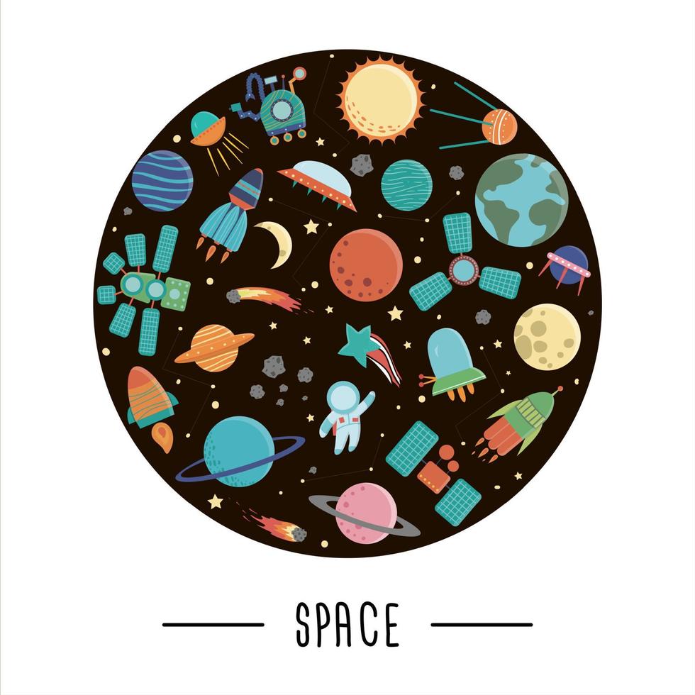 vector conjunto de lindos elementos del espacio exterior con nave espacial, planetas, estrellas, ovni para niños enmarcados en círculo.