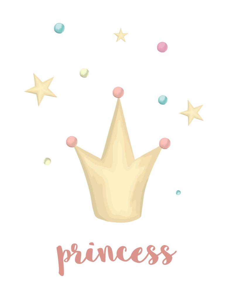 Cute vector illustration of watercolor style crown with confetti and stars isolated on white background. Unicorn themed picture for print, banner, card or textile design.