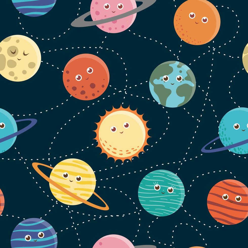 Vector seamless pattern of planets for children. Bright and cute flat illustration of smiling earth, sun, moon, venus, mars, Jupiter, mercury, Saturn, neptun on dark blue background. Space picture