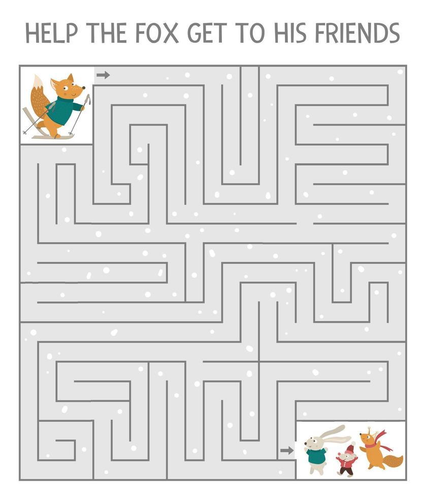 Winter maze for children. Preschool Christmas activity. New Year puzzle game with animals. Help the fox get to his friends.Winter maze for children. Preschool Christmas activity. New Year puzzle game vector