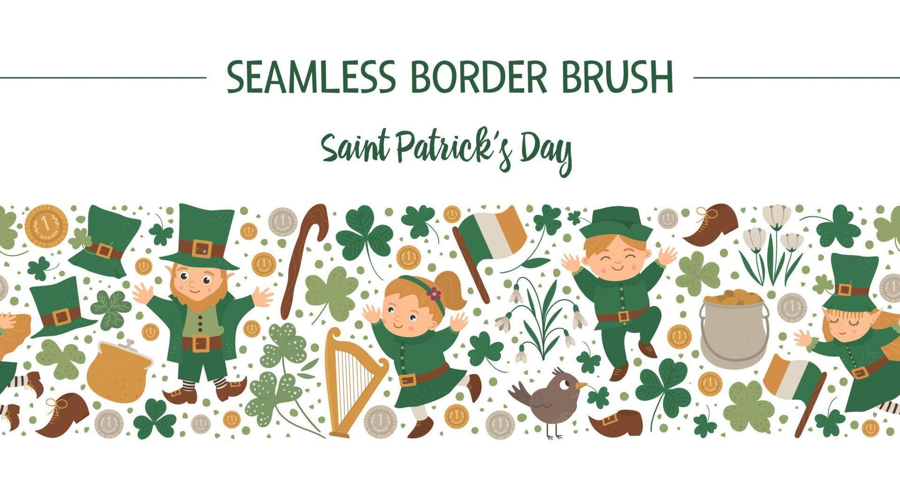 Vector Saint Patrick Day seamless pattern brush. Irish holiday themed background. Repeating border leprechaun, shamrock isolated on white background.