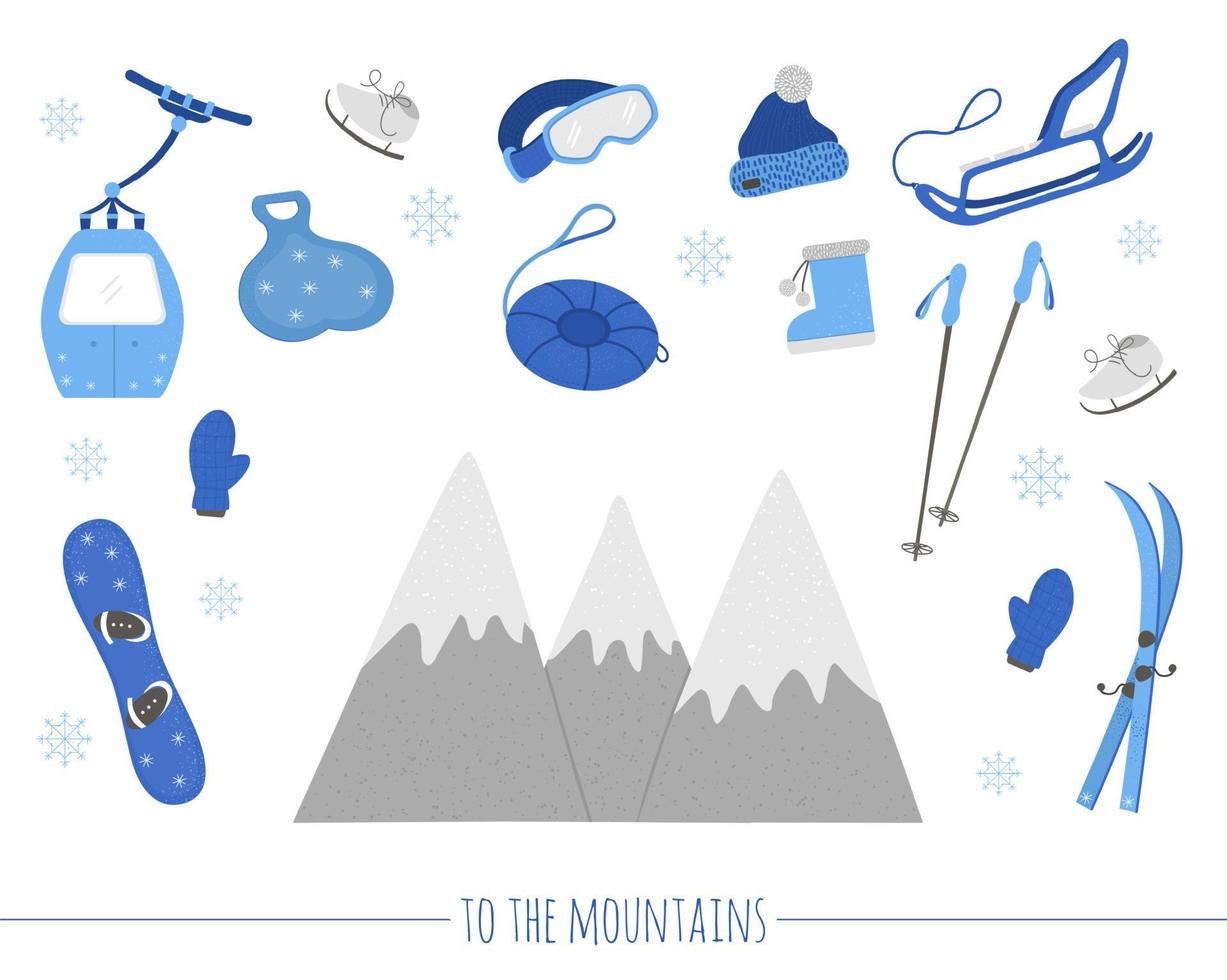 Vector set with objects for active winter. Cold season sport equipment set. Collection of items for spending holidays in mountains.