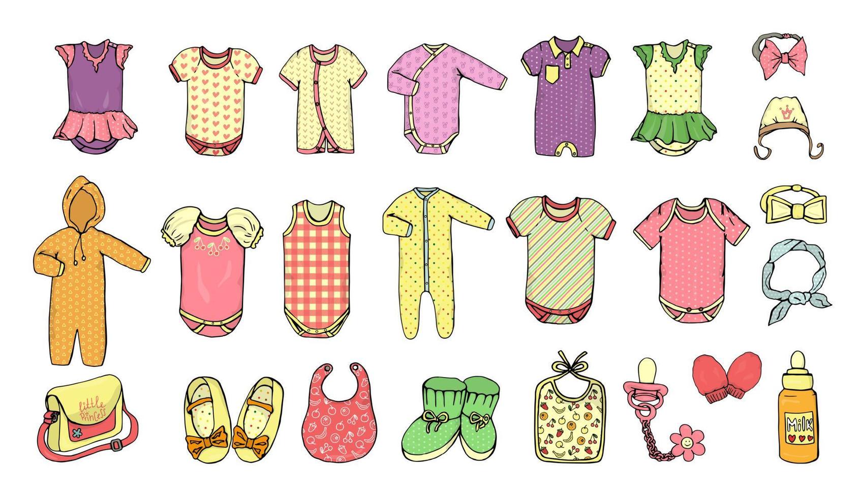 Vector illustration of baby clothes. Baby girl clothes set. Children fashion set. Stylish clothes and accessories for kids isolated on white background