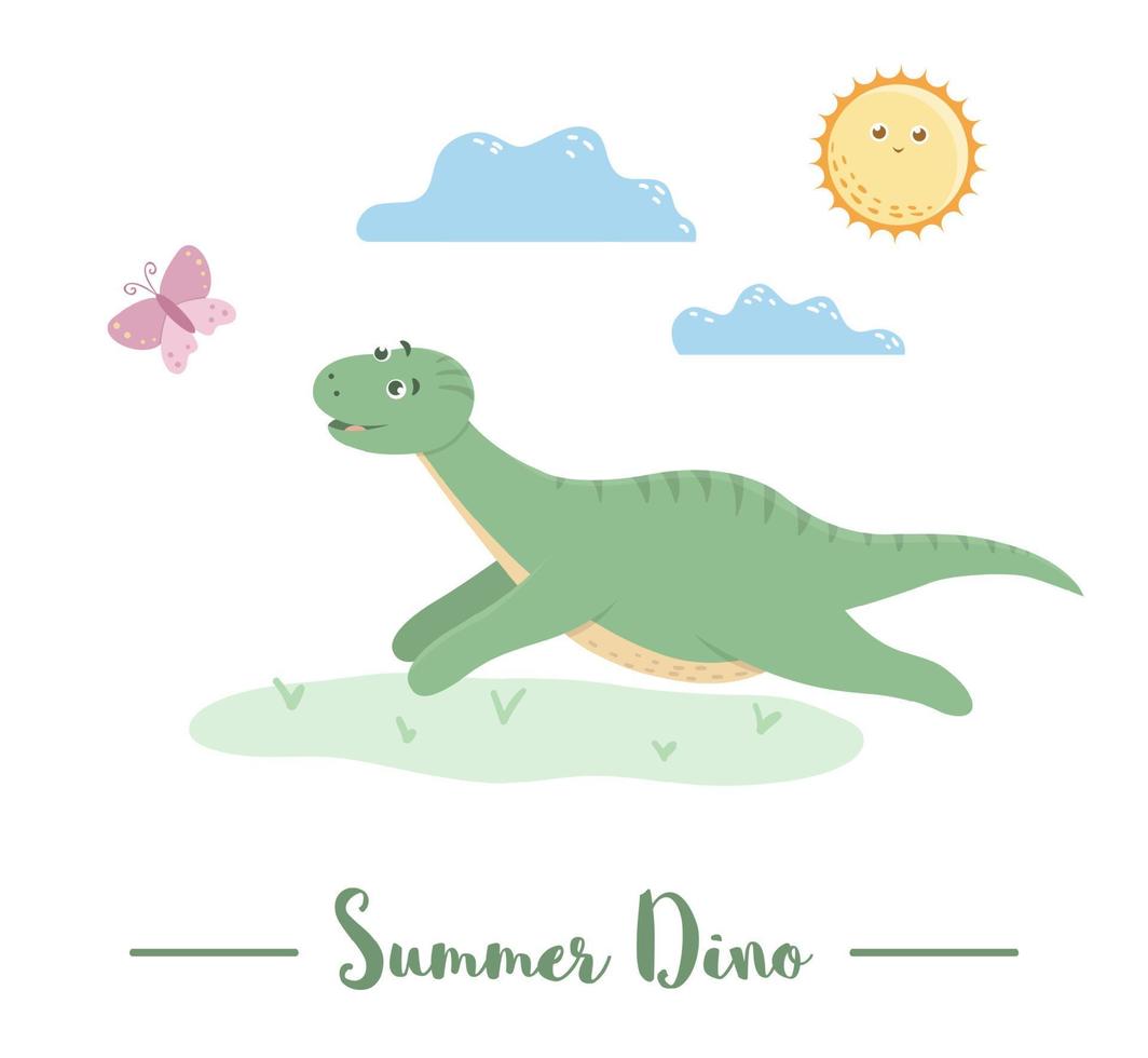 Ilustración con dino corriendo por una mariposa bajo el sol. escena de verano con lindo dinosaurio. Gracioso estampado de reptiles prehistóricos para niños. vector