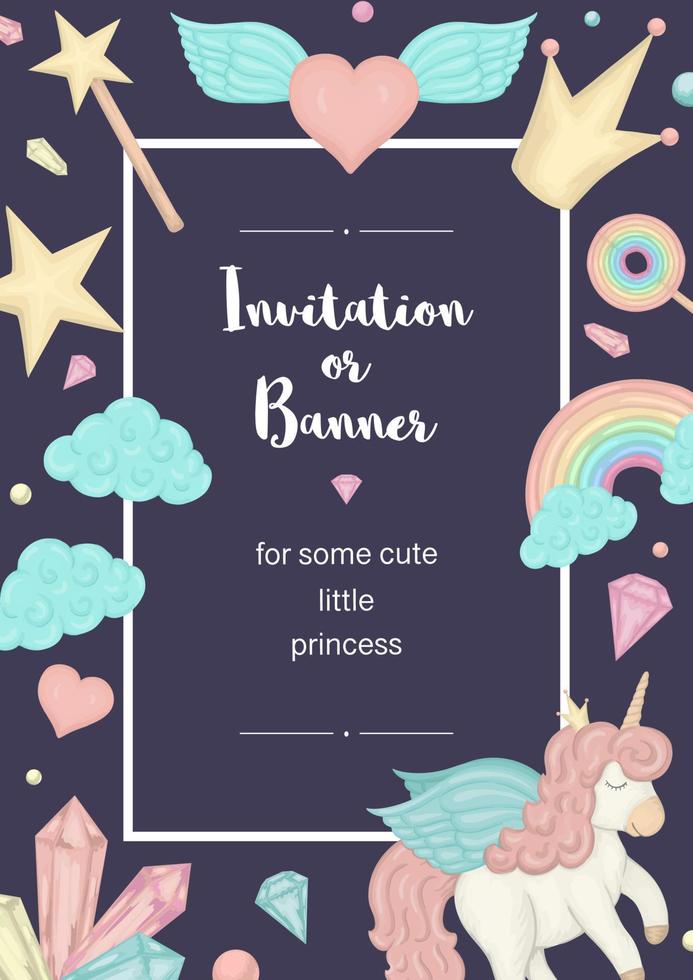 Vector vertical frame with unicorn, rainbow, crown, star, cloud, crystals. Card template for children event. Girlish cute invitation or banner design.