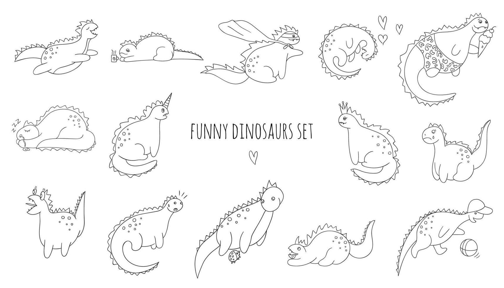 vector conjunto de divertidos dinosaurios en blanco y negro en diferentes poses. concepto de dinosaurio cómico en estilo de dibujos animados. dibujo lineal de doodle de reptiles sarcásticos