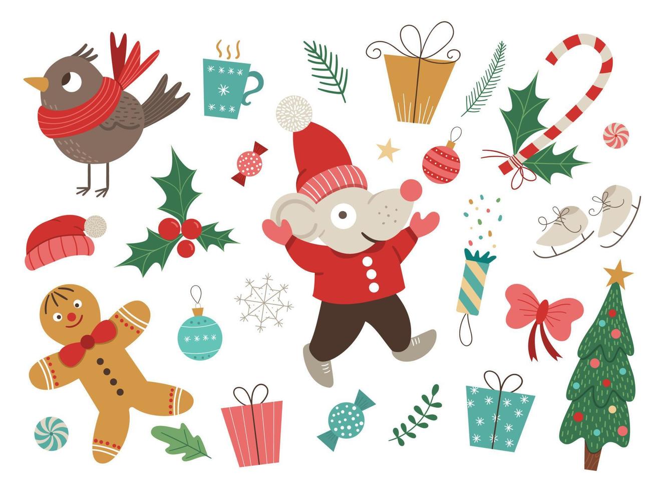 Vector set of Christmas elements with mouse in red hat and jacket with hands up isolated on white background. Cute funny illustration of 2020 year symbol. Christmas flat style picture for new year