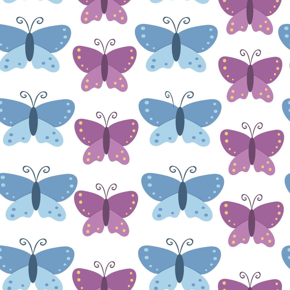 Vector seamless pattern for children. Flat cartoon background with butterflies. Cute blue and purple illustration.