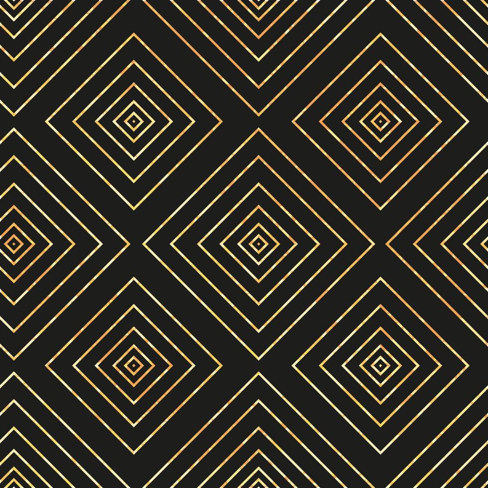 Vector seamless geometric pattern with golden diamond on black background. Repeat backdrop with optical illusion. Trendy glittering wallpaper.