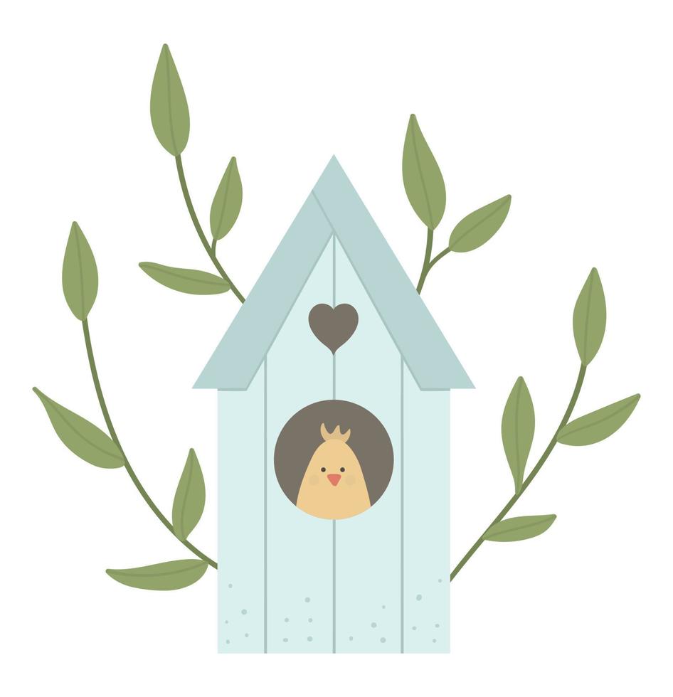 Vector illustration of starling-house with tree twigs and chick inside isolated on white background. Spring traditional symbol and design element.