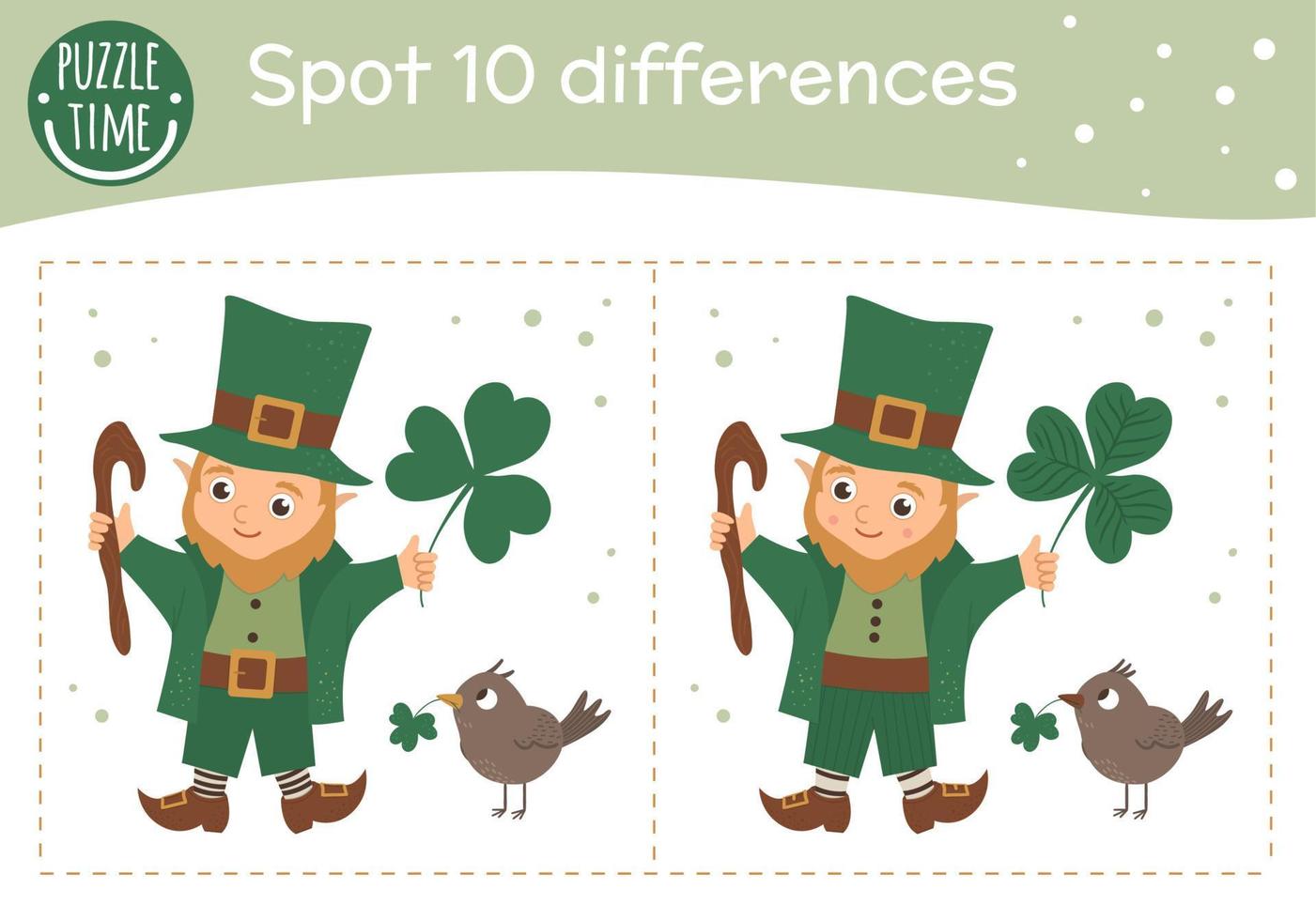 Saint Patrick Day find differences game for children. Spring holiday festive preschool activity with leprechaun. Puzzle with cute funny smiling characters. vector