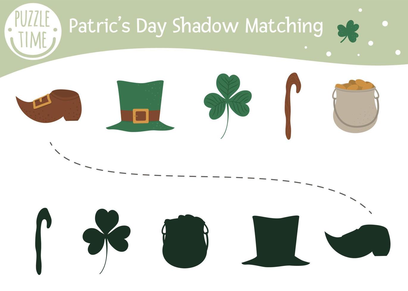 Saint Patrick Day shadow matching activity for children. Preschool Irish holiday puzzle. Cute spring educational riddle. Find the correct silhouette game. vector