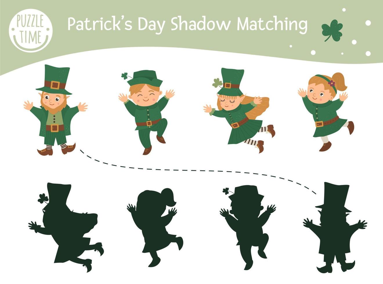 Saint Patrick Day shadow matching activity for children. Preschool Irish holiday puzzle. Cute spring educational riddle. Find the correct silhouette game. vector