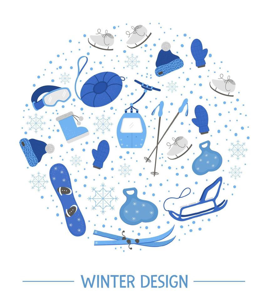 Vector objects for active winter framed in circle. Cold season sport equipment round composition. Card design with items for spending holidays in mountains and snowflakes.