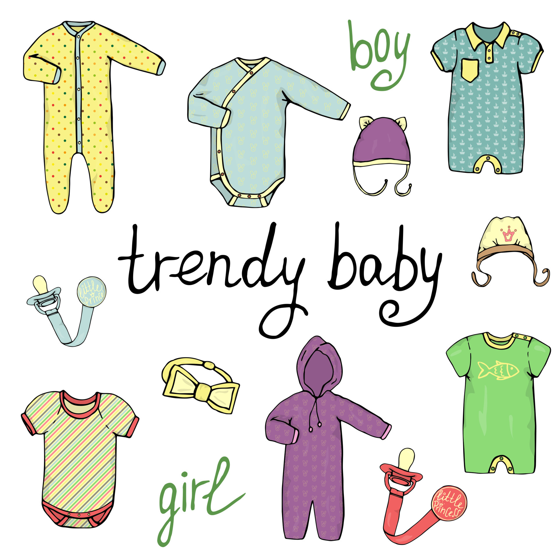Vector illustration of baby clothes. Trendy baby clothes set. Children