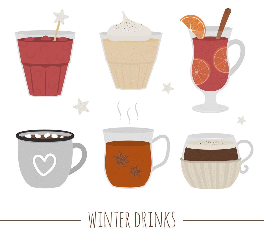 Set of winter traditional drinks. Holiday hot beverage collection. Vector illustration of cocoa, mulled wine, coffee, tea, eggnog, punch isolated on white background.