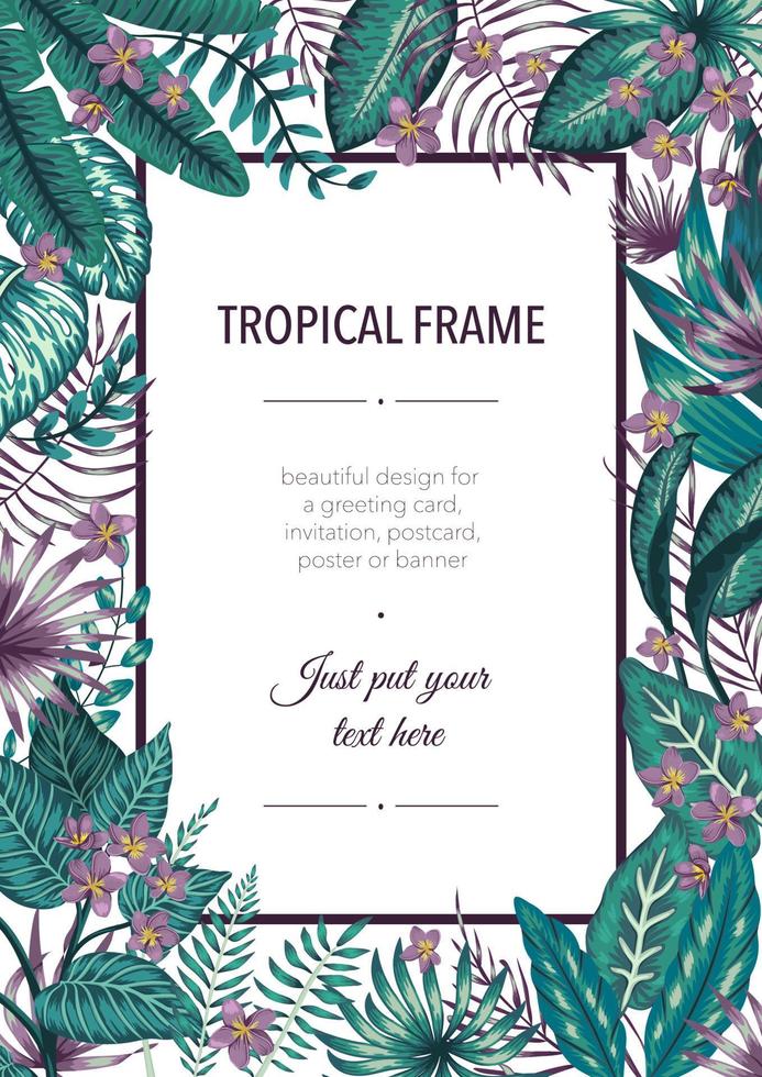 Vector frame template with tropical white and purple leaves and flowers on white background. Vertical layout card with place for text. Spring or summer design for invitation, wedding, party