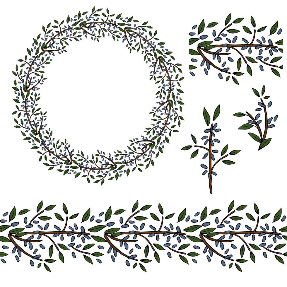 Vector wreath with honeysuckle berries. Seamless pattern brush with north berries. Frame, border  and design elements with brunches and green leaves