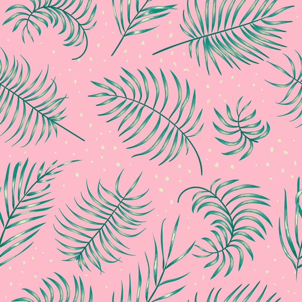 Vector seamless pattern of green realistic palm tree leaves on pink background. Repeat tropical backdrop. Exotic jungle wallpaper. Cute summer or spring illustration
