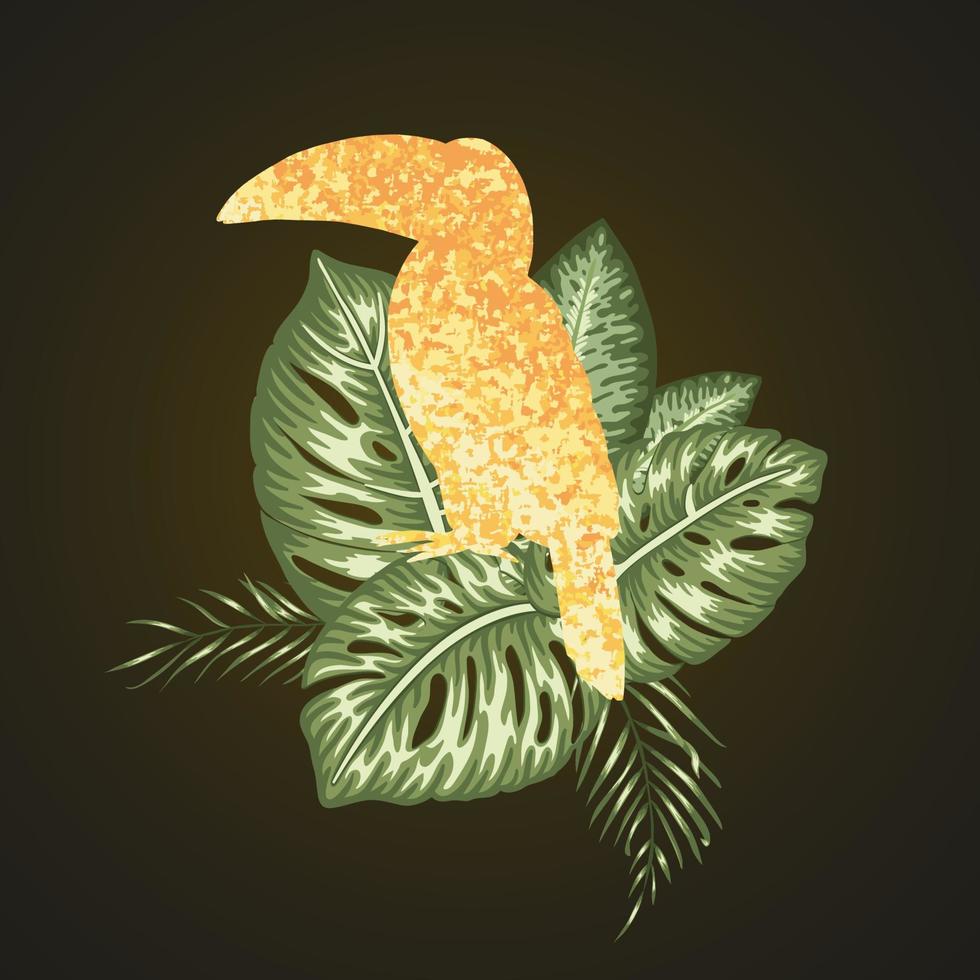 Vector tropical composition of monstera and palm tree leaves with golden textured toucan on black background. Bright realistic watercolor style exotic design elements.