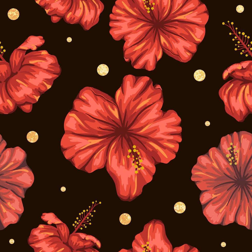Vector seamless pattern of red hibiscus flowers with golden foil confetti on black background. Repeat tropical backdrop. Exotic jungle wallpaper.