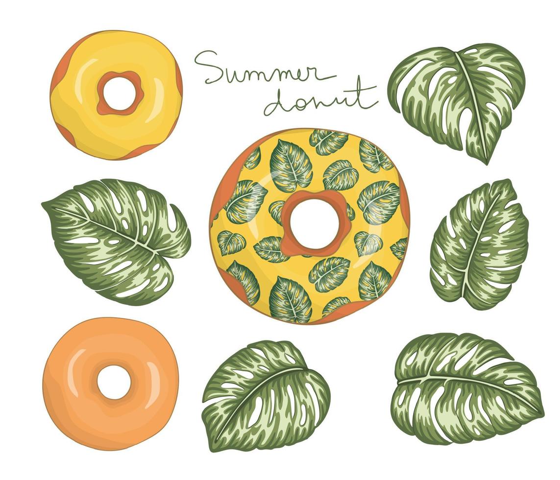 ilustración vectorial de donut con glaseado amarillo con hojas verdes de monstera. diseño original del menú de verano. concepto de postre tropical. rosquilla exótica vector