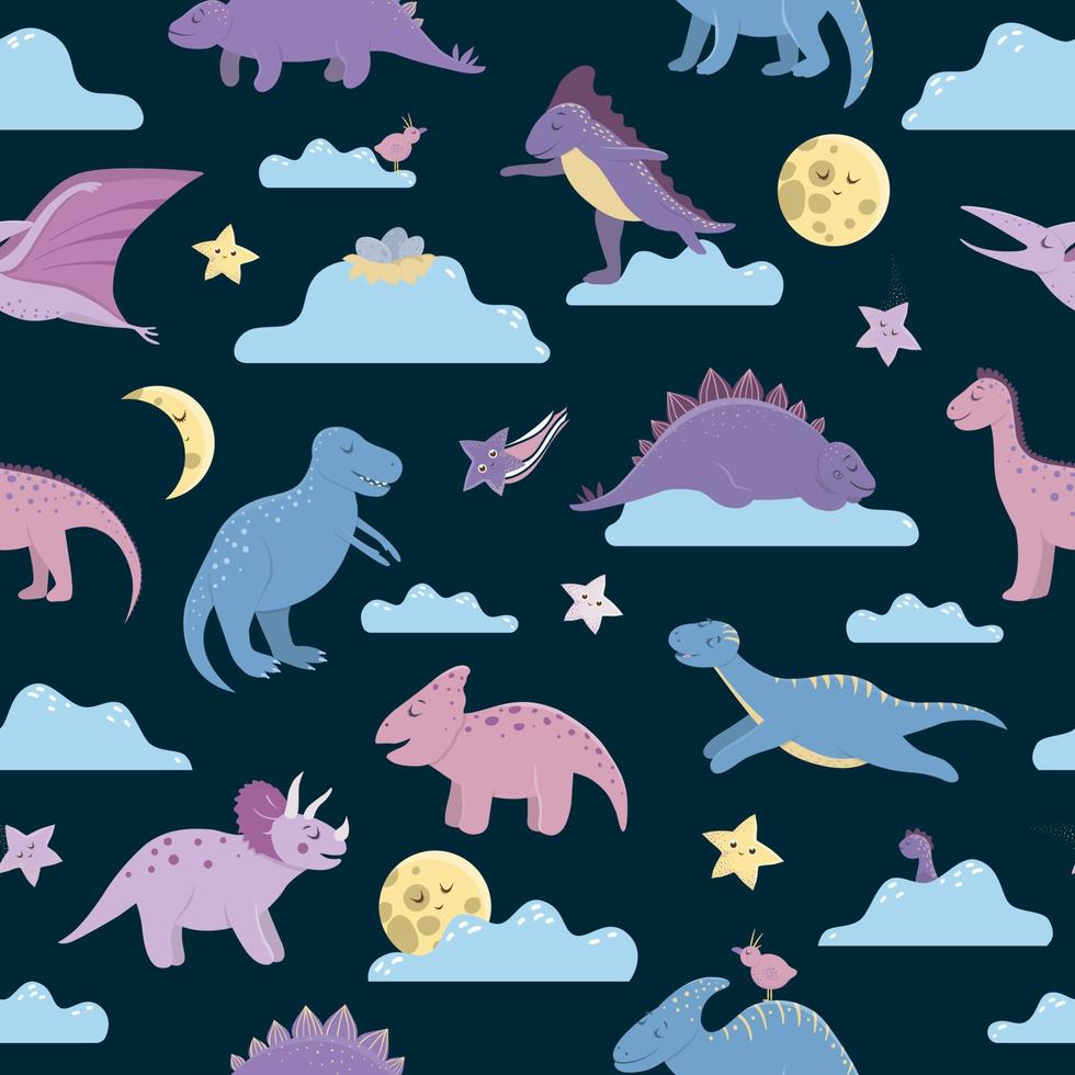 vector de patrones sin fisuras con lindos dinosaurios en el cielo nocturno con nubes, luna, estrellas, pájaros para niños. Fondo de personajes de dibujos animados planos de Dino. linda ilustración de reptiles prehistóricos.
