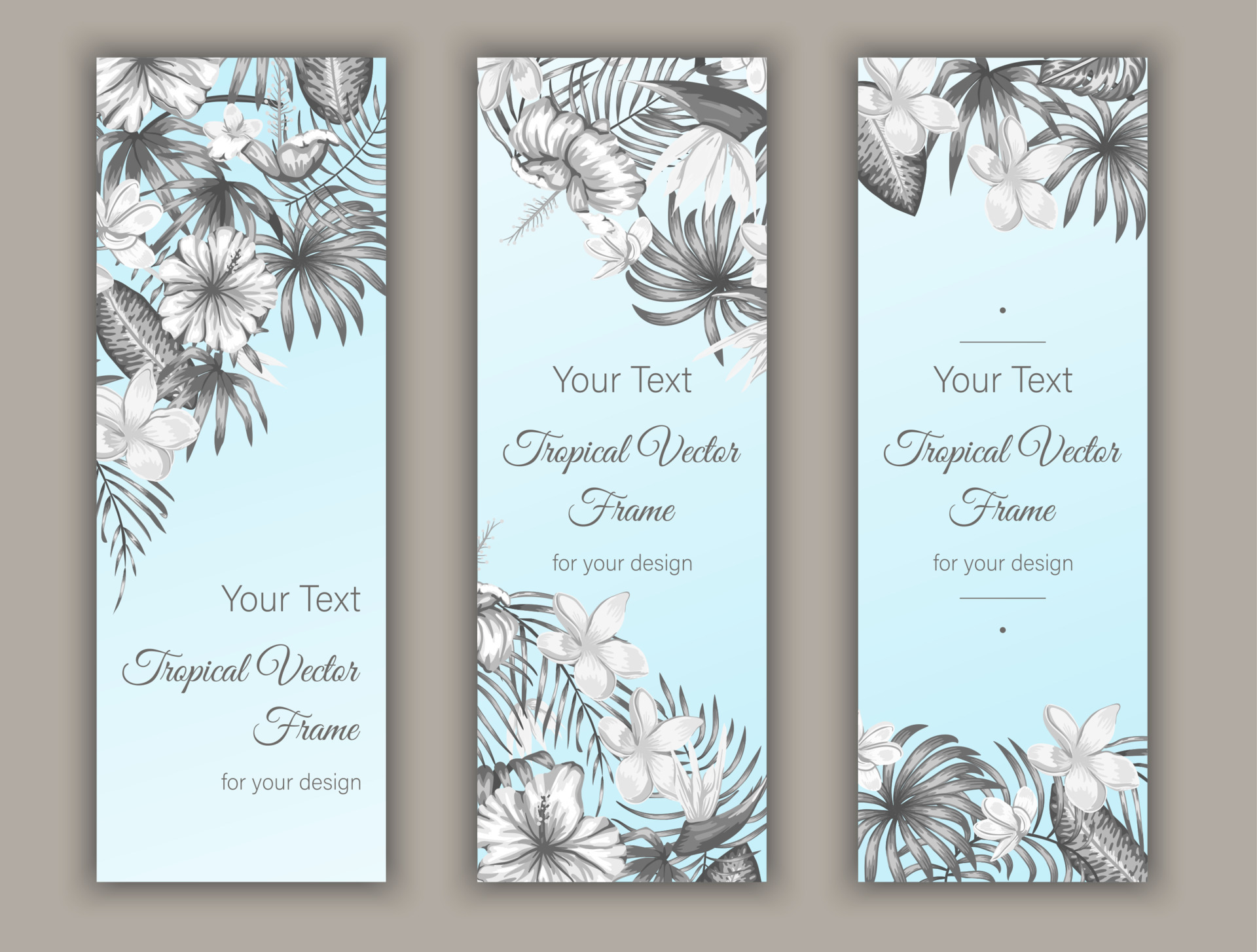 Vector bookmarks with tropical leaves, plumeria, strelitzia and