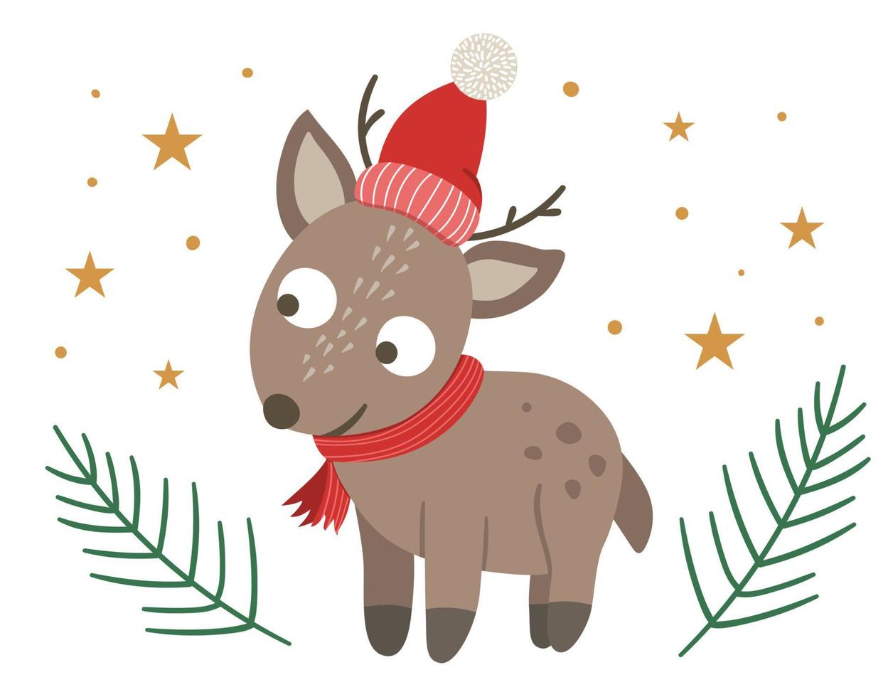 Vector cute little deer in red hat and scarf with fir tree twigs and stars isolated on white background. Cute winter animal illustration. Funny Christmas character