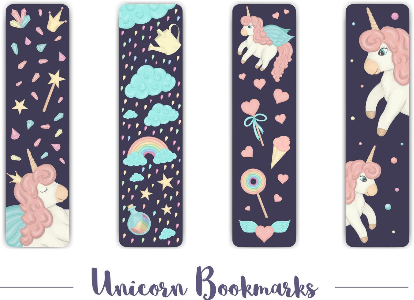 vector set of bookmarks for children with unicorn theme cute rainbow clouds crystals hearts on dark purple background vertical layout card templates stationery for kids girlish illustration 4298974 vector art at vecteezy