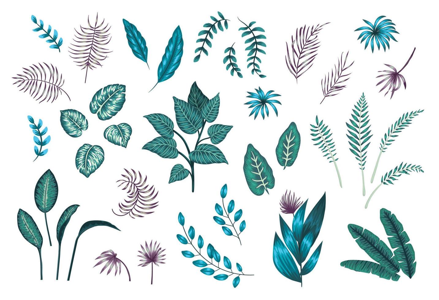 vector conjunto de plantas y hojas tropicales. Ilustración de selva exótica con vegetación exótica. colección de ramas de la jungla en colores púrpura y verde esmeralda