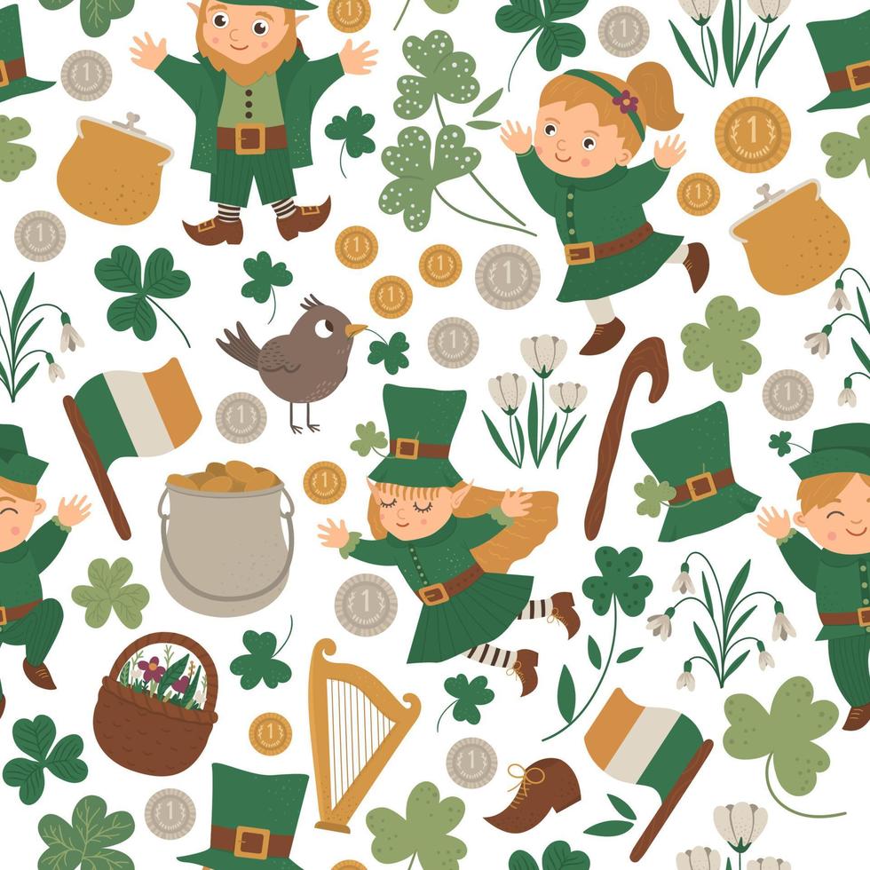 Vector seamless pattern with Saint Patrick Day symbols. National Irish holiday repeating background. Cute funny flat leprechaun texture.