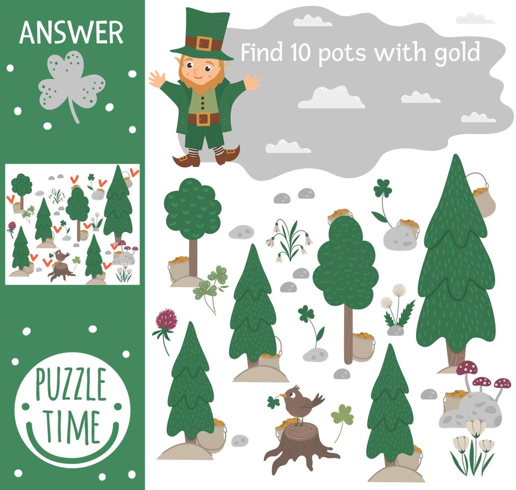 Saint Patrick Day searching game for children with leprechaun in spring forest. Cute funny smiling characters. Find hidden pots with gold. vector