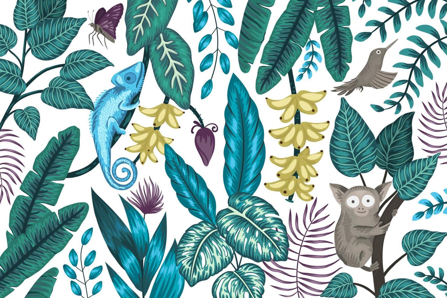 Vector background with tropical plants, insects and animals. Exotic jungle illustration with chameleon, tarsier, bird of paradise, butterfly, bananas.