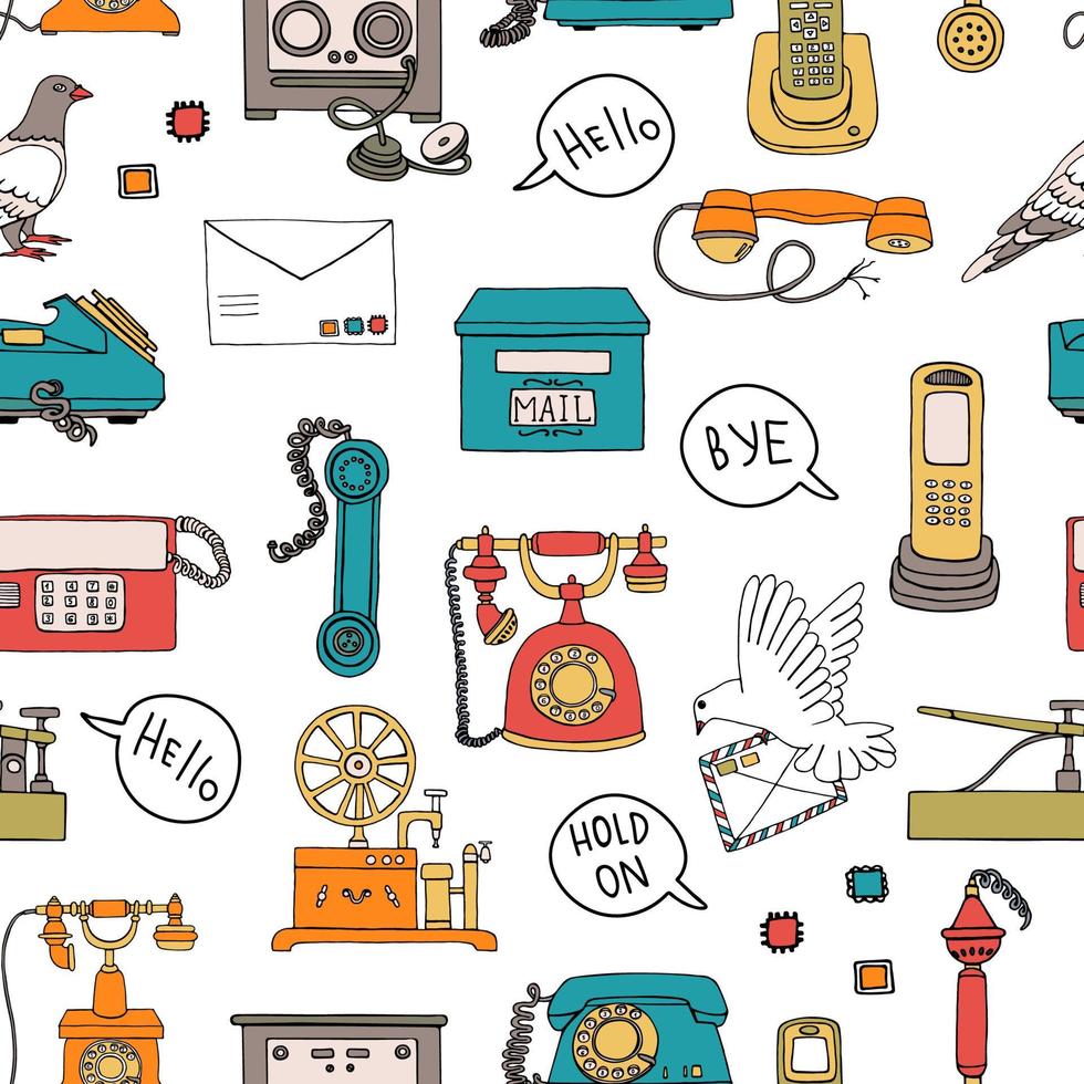 Vector seamless pattern of vintage means of communication. Retro repeat backdrop with wired rotary dial telephone, radio phone, telegraph