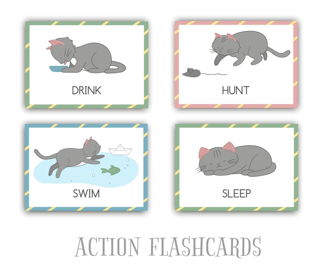 Vector set of actions flash cards with cat. Cute character swimming, hunting, sleeping, drinking. Cards for early learning.
