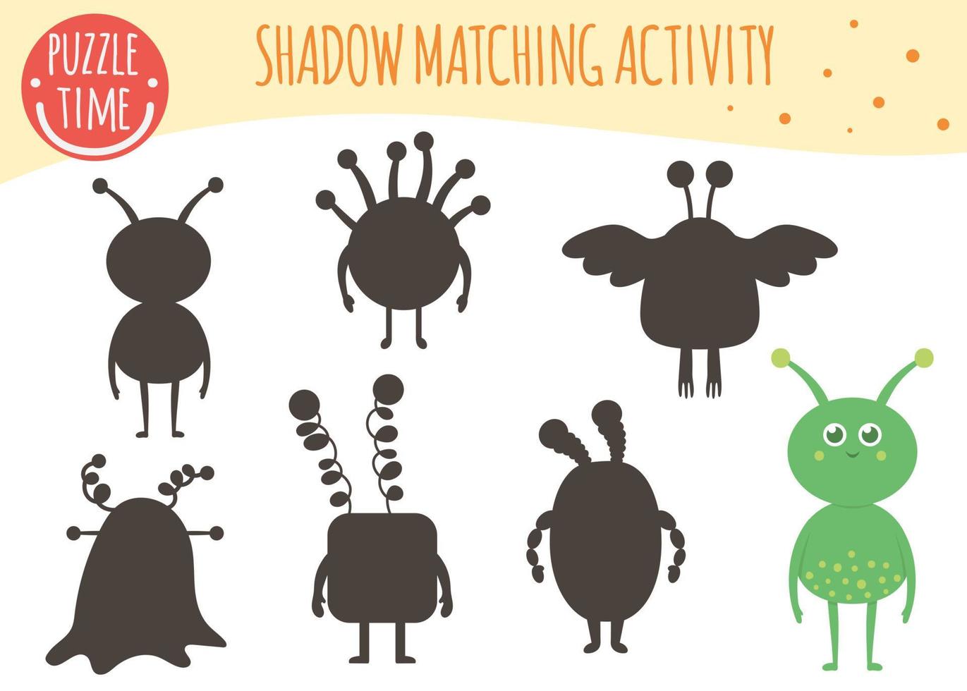 Shadow matching activity for children. Space topic. Cute funny smiling aliens. vector