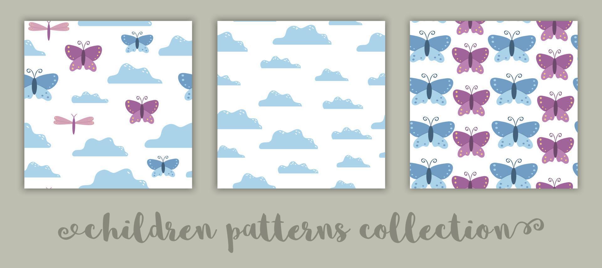 Set of vector seamless patterns for children. Flat cartoon background with butterflies, clouds, dragonflies. Cute blue and pink illustration.