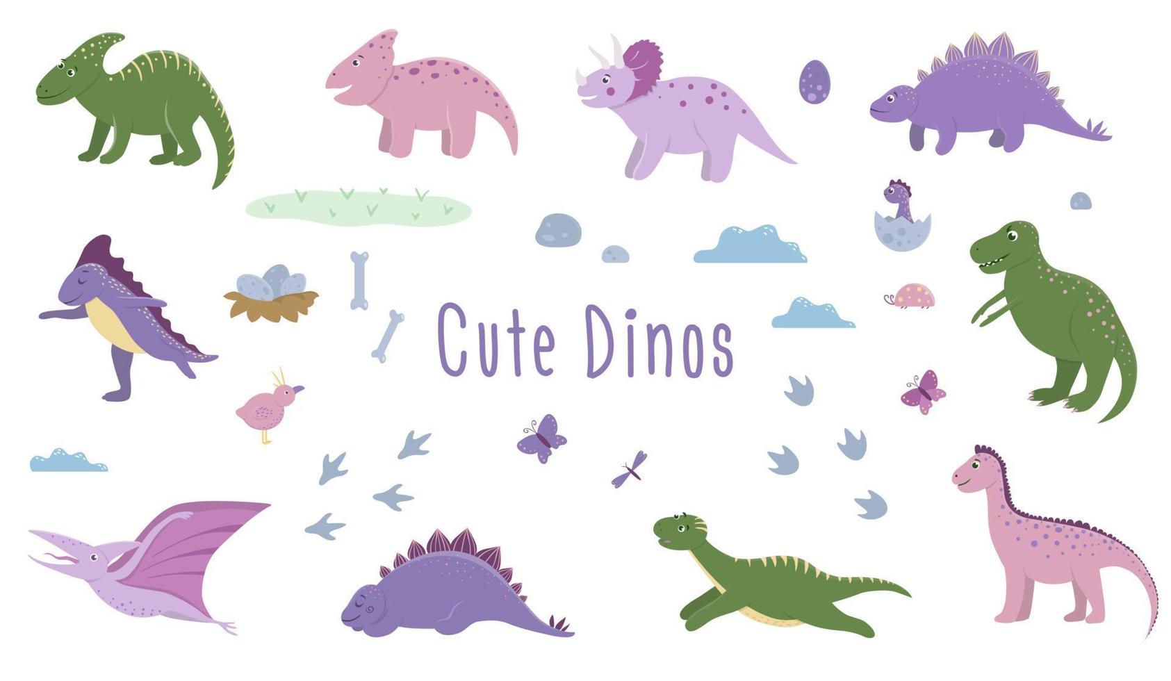 Vector set of cute dinosaurs with clouds, eggs, bones, birds for children. Dino flat cartoon characters. Cute prehistoric reptiles illustration.