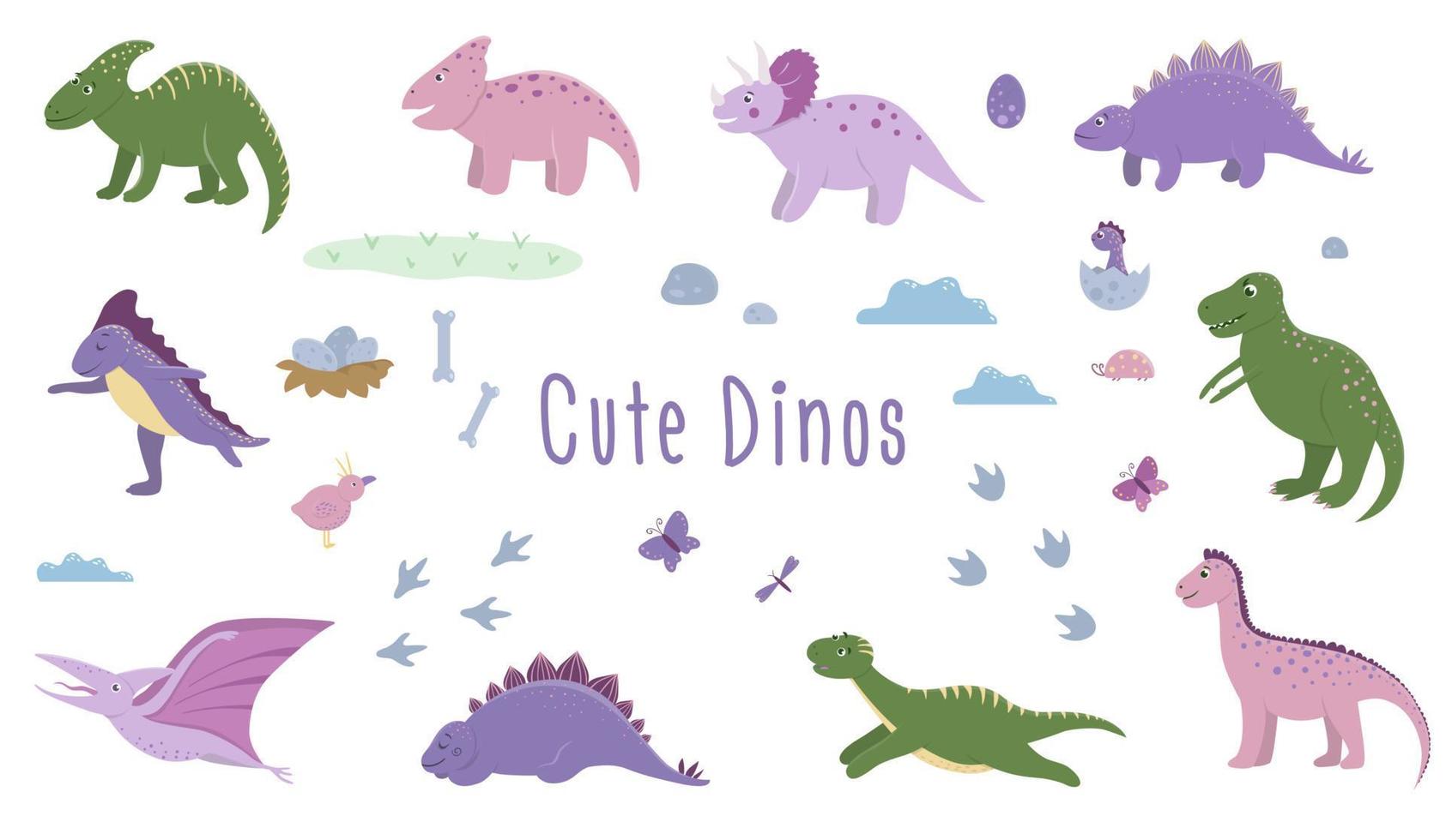 vector conjunto de lindos dinosaurios con nubes, huevos, huesos, pájaros para niños. personajes de dibujos animados planos de Dino. linda ilustración de reptiles prehistóricos.