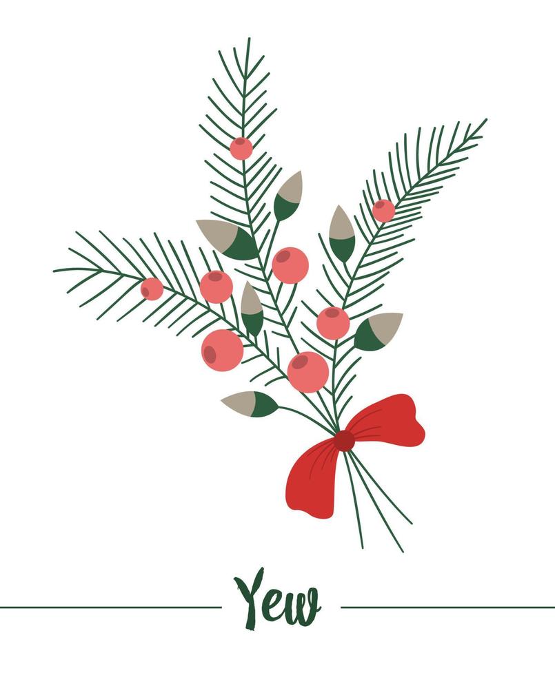 Vector yew with red bow isolated on white background. Cute funny illustration of new year symbol. Christmas flat style traditional plant picture for decorations or design.