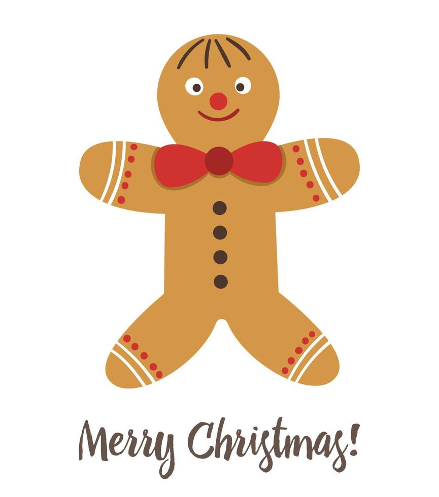 Vector gingerbread man with red bow isolated on white background. Cute funny illustration of new year symbol. Christmas flat style picture for decorations or design.