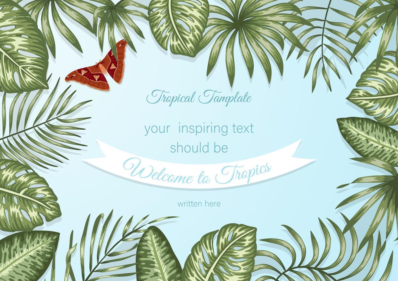 Vector frame template with tropical leaves and atlas moth on blue background. Horizontal layout card with place for text. Spring or summer design for invitation, wedding, party, promo events