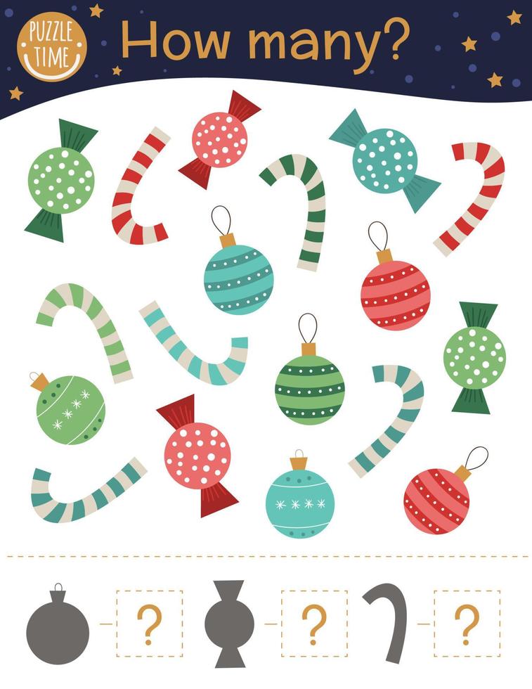 Christmas counting game with balls, candy canes, sweets. Winter math activity for preschool children. How many objects worksheet. Educational riddle with cute funny pictures. vector