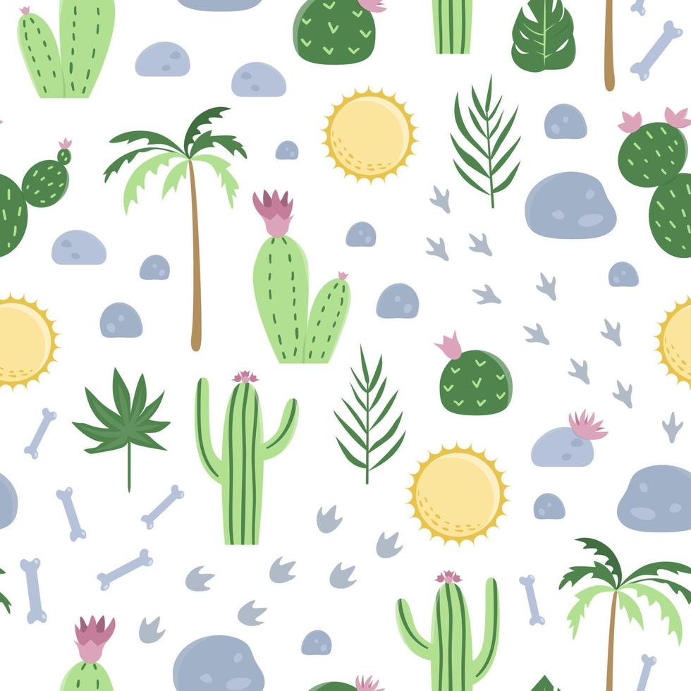 Vector seamless pattern with cute palm trees, cactus, stones, sun, footprints, bones for children. Summer flat cartoon background. Cute desert illustration.