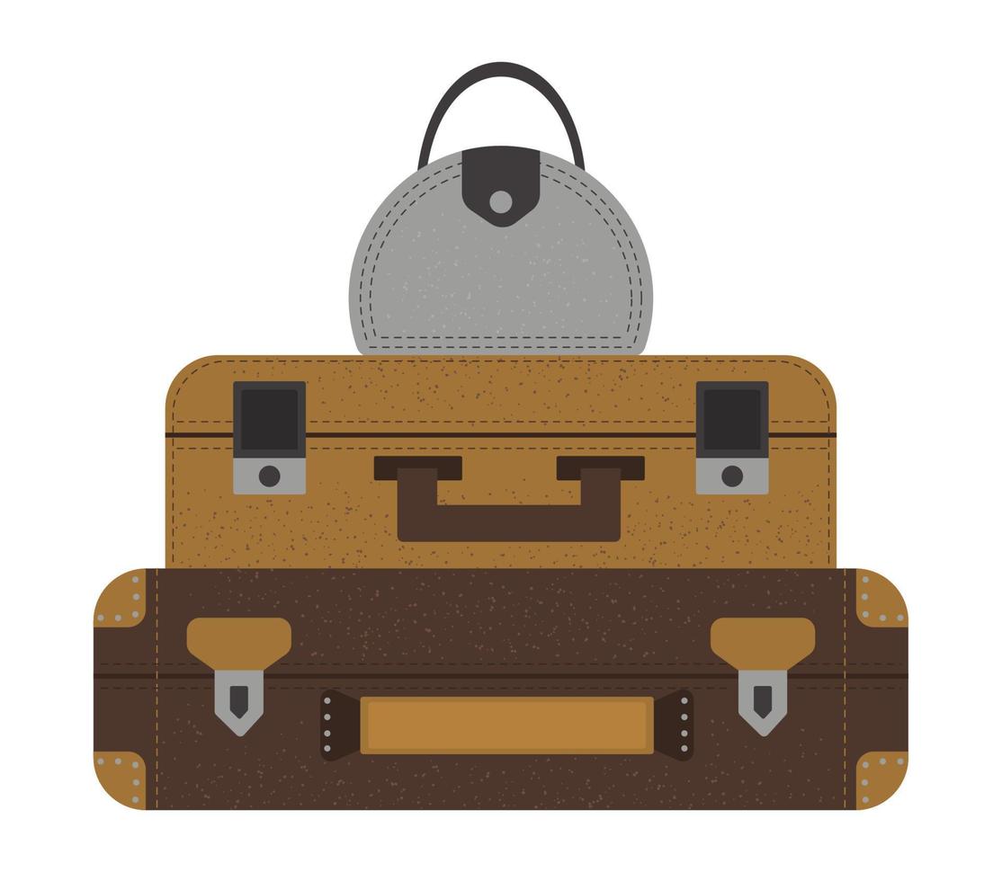 Vector flat illustration of a pile of traveler suitcases. Brown luggage icon with label. Travel object isolated on white background. Vacation element.