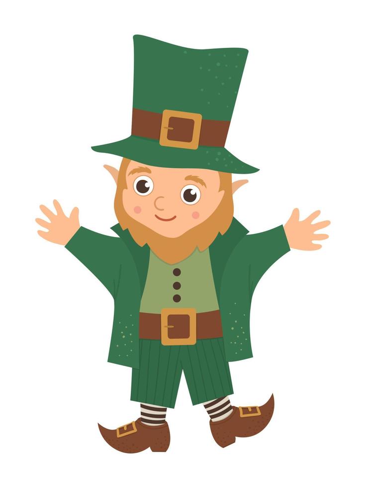 Vector flat funny leprechaun in green traditional clothes and hat. Cute St. Patrick Day illustration. National Irish holiday icon isolated on white background.