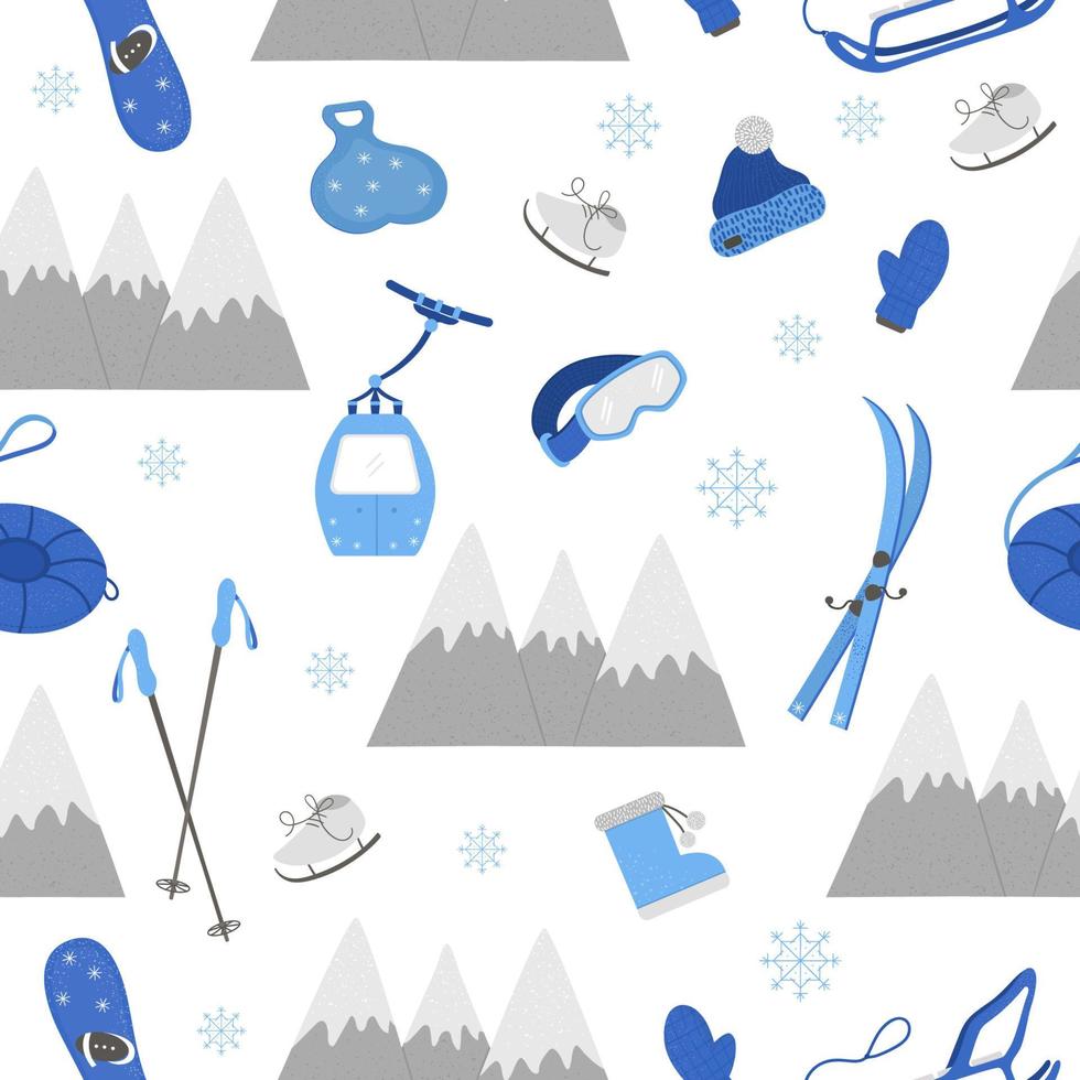 Vector seamless pattern with objects for active winter. Cold season sport equipment repeating background. Texture with items for spending holidays in mountains.