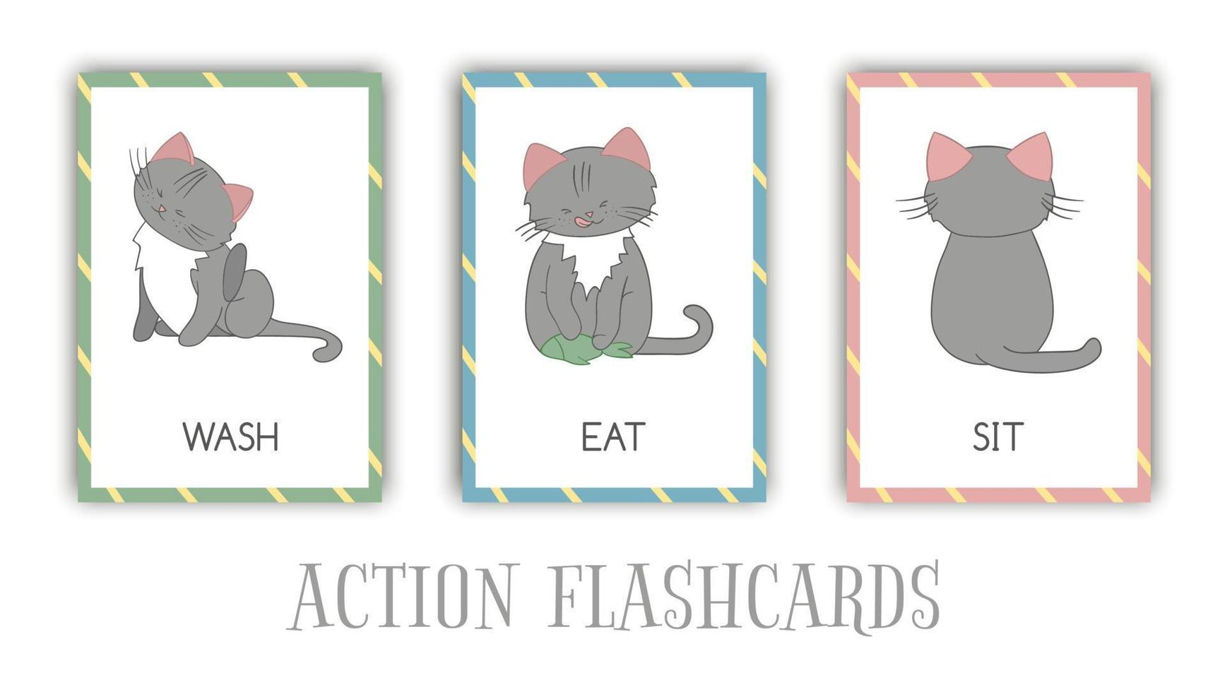 Vector set of actions flash cards with cat. Cute character