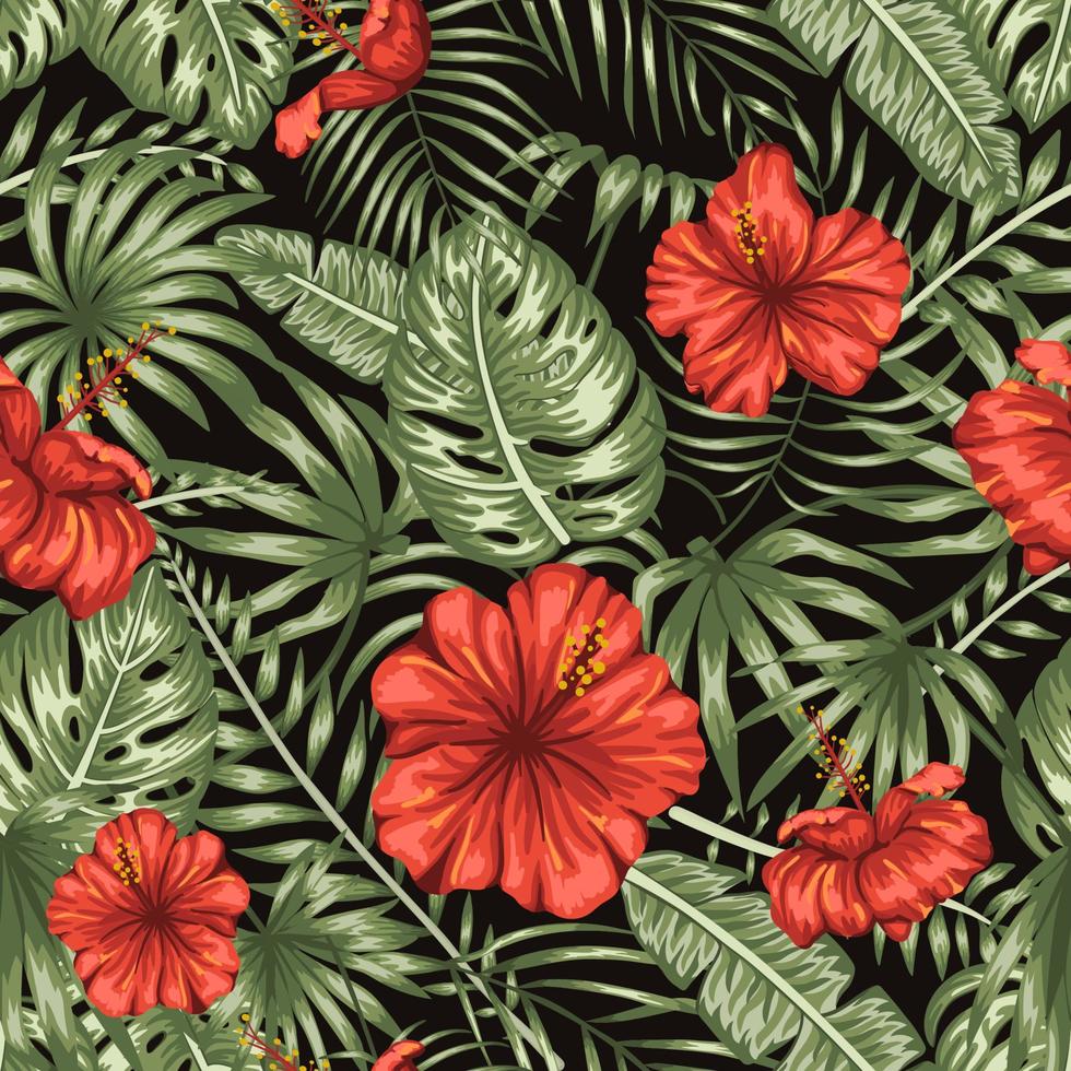 Vector seamless pattern of green tropical leaves with red hibiscus flowers on black background. Summer or spring repeat tropical backdrop. Exotic jungle ornament